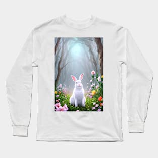 Fluffy white bunny rabbit in the woods with wildflowers Long Sleeve T-Shirt